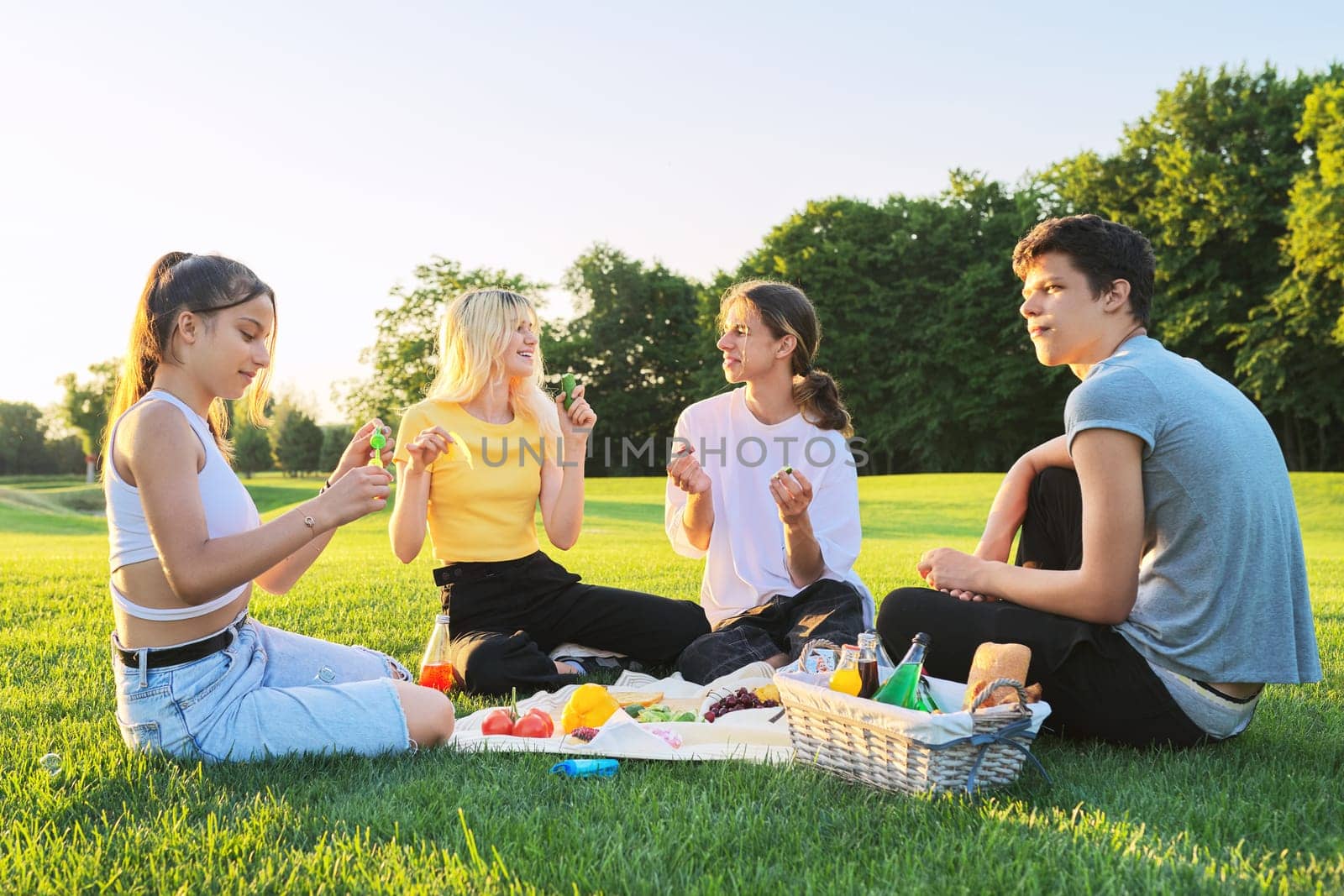 Teens having fun on picnic in park on lawn. Group of teenagers friends resting eating talking on sunny summer day on green grass. Adolescence, friendship, communication, vacations, fun, youth concept