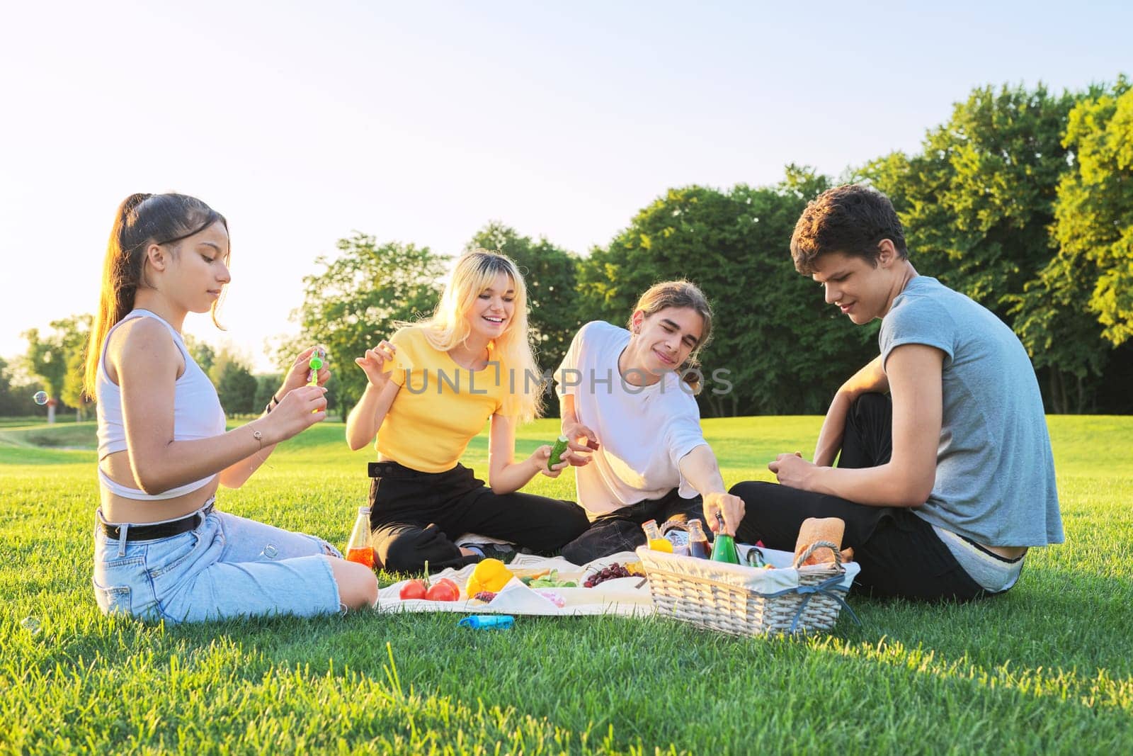 Teenagers having fun on a picnic in the park on lawn by VH-studio