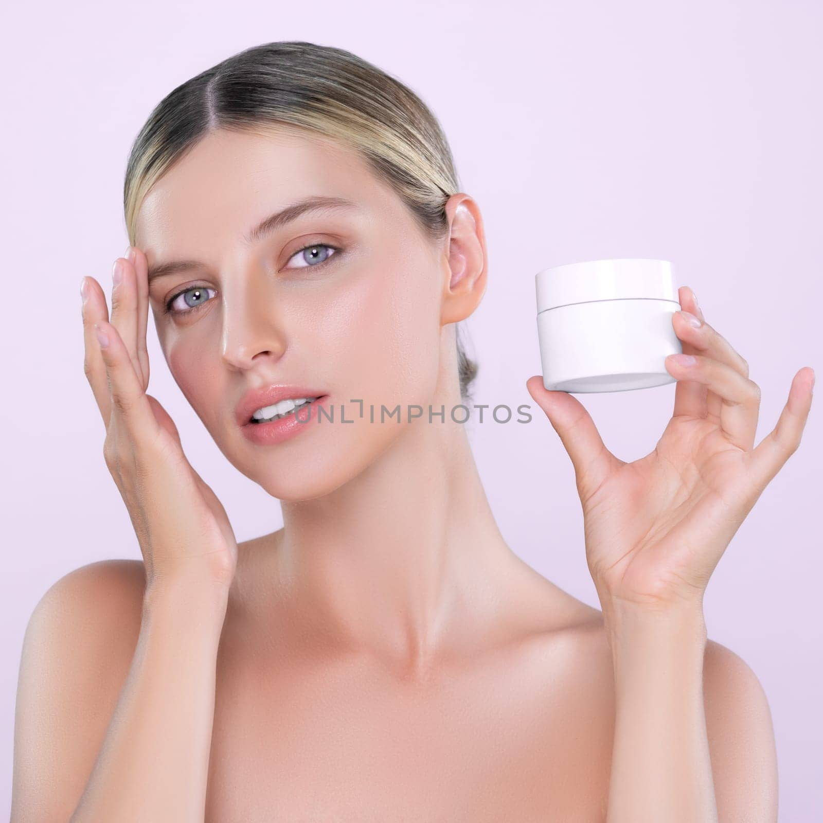 Alluring beautiful perfect cosmetic skin woman portrait hold mockup jar cream or moisturizer for skincare treatment, anti-aging product in isolated background. Natural healthy skin model concept.