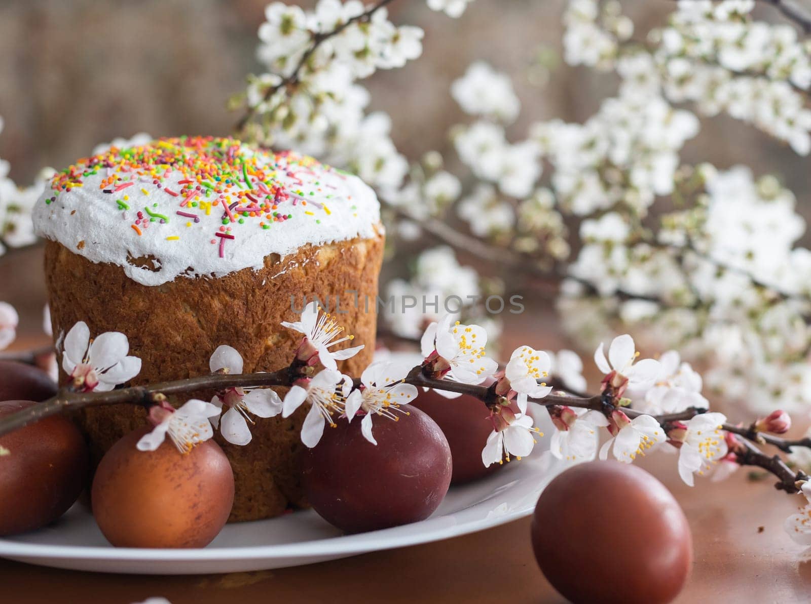Easter cake and painted eggs.