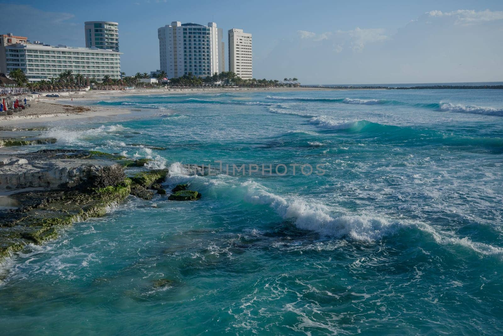 Sea shore on the Caribbean beach in the Area Hoteleria in Cancun Quintana Roo Mexico.