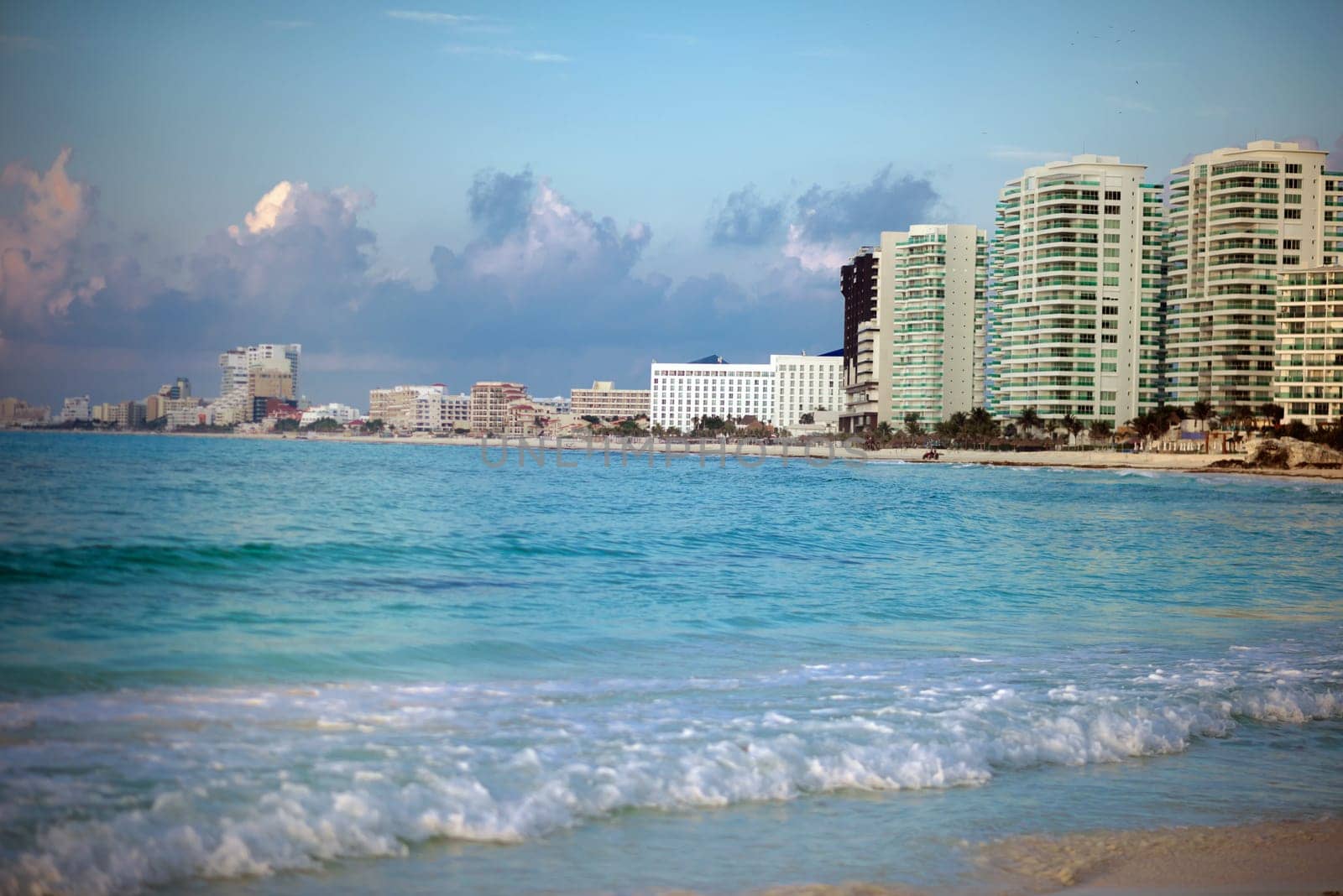 Sea shore on the Caribbean beach in the Area Hoteleria in Cancun Quintana Roo Mexico.