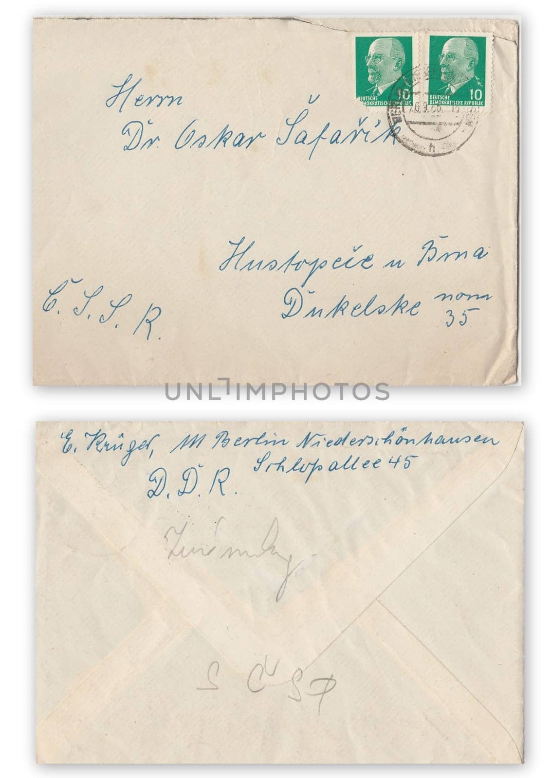 BERLIN, GERMANY, SEPTEMBER 26: Front and back of vintage envelope. Letter was sent from Germany - DDR to Czechoslovakia CSSR, 1966 in Berlin by roman_nerud