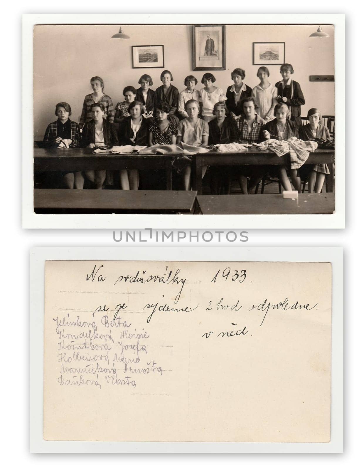 THE CZECHOSLOVAK REPUBLIC, 1933: Vintage photo of a group girls in the classroom. Front and back of photo, 1933.