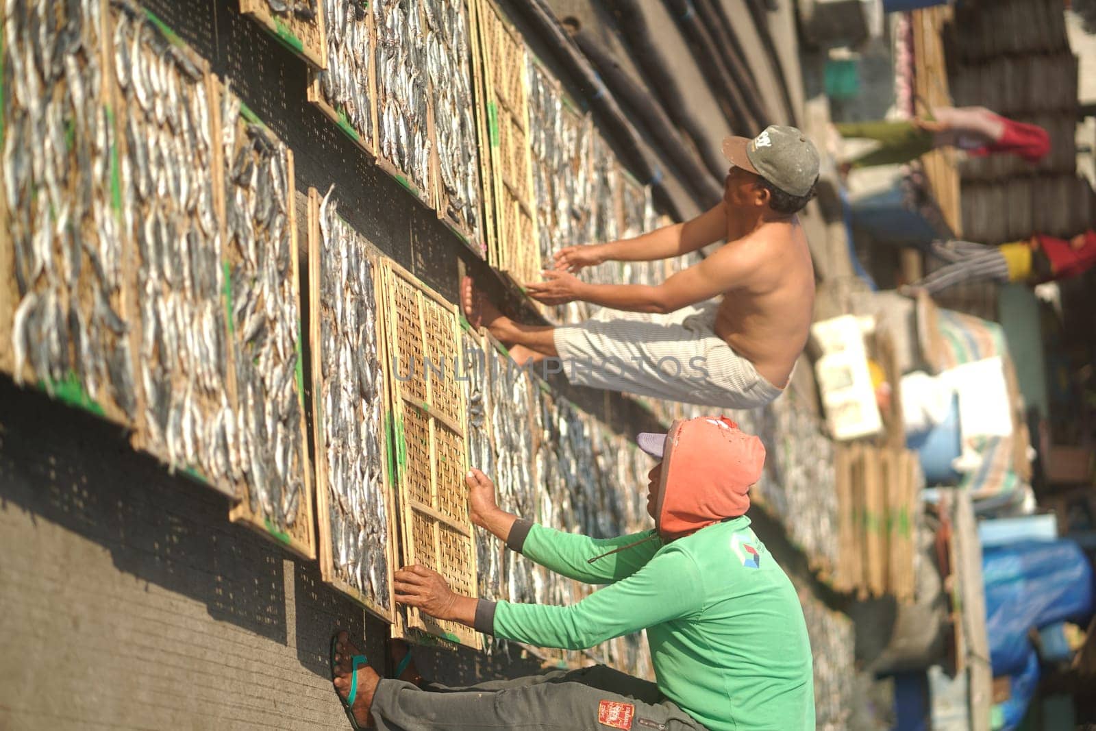 Banyuwangi, Indonesia - October 9, 2021 : People drying fish at the fishing port. Street Photography Editorial