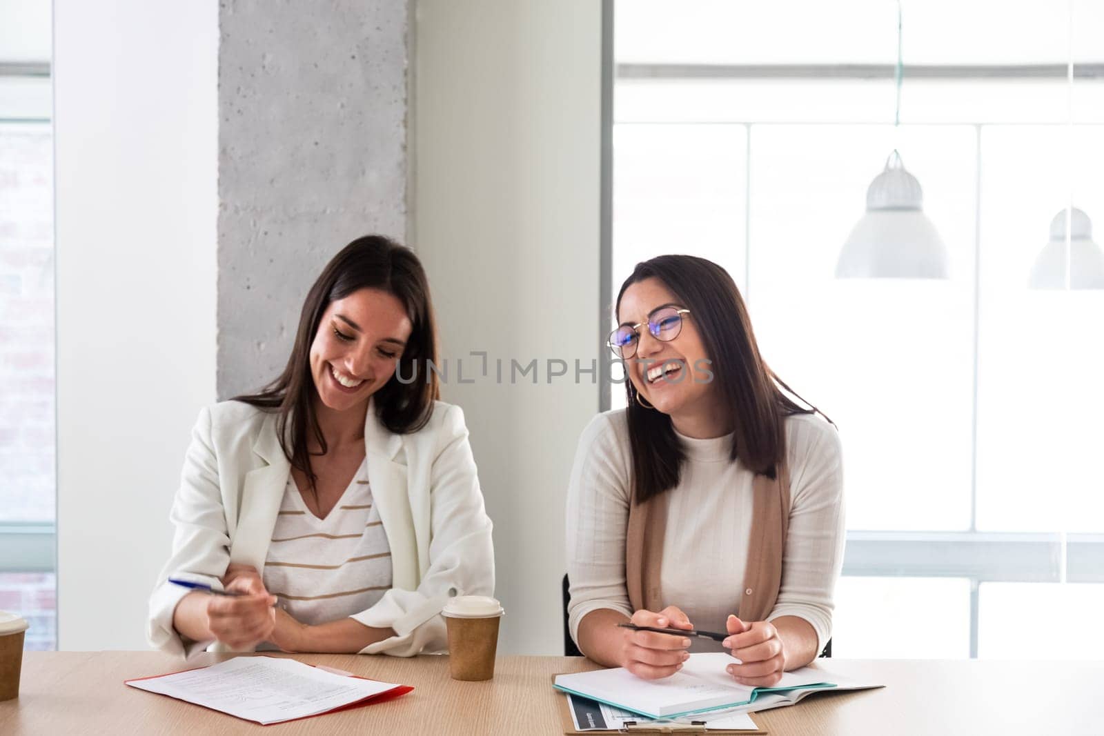 Smiling young caucasian female coworkers at the office. Copy space.