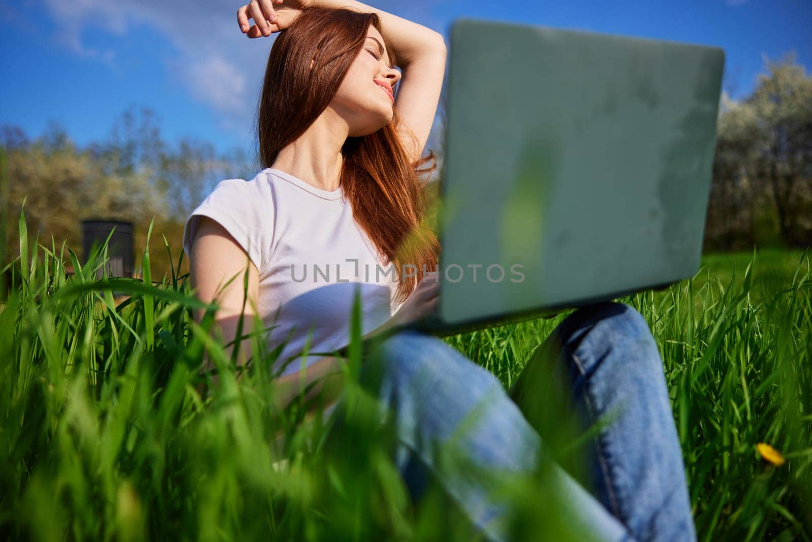 joyful woman works sitting in high grass behind a laptop raising her hand up by Vichizh