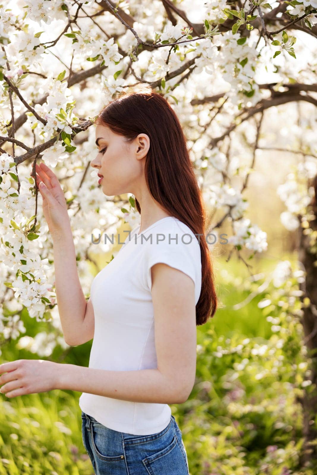 portrait of a happy woman with red hair in casual clothes touching flowers on the branches of a fruit tree. High quality photo