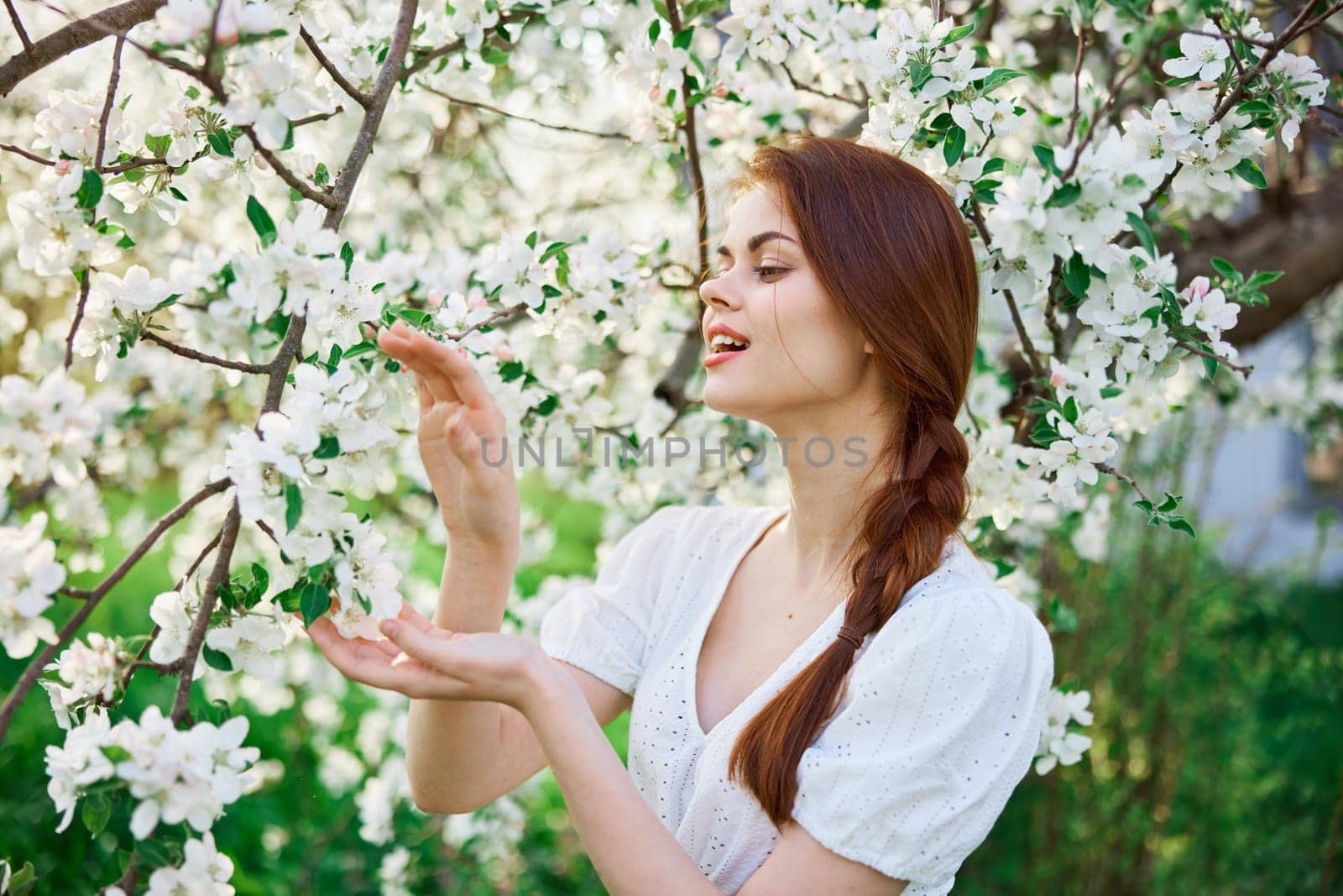 portrait of a beautiful red-haired woman against the background of a flowering tree with flowers in her palms. High quality photo