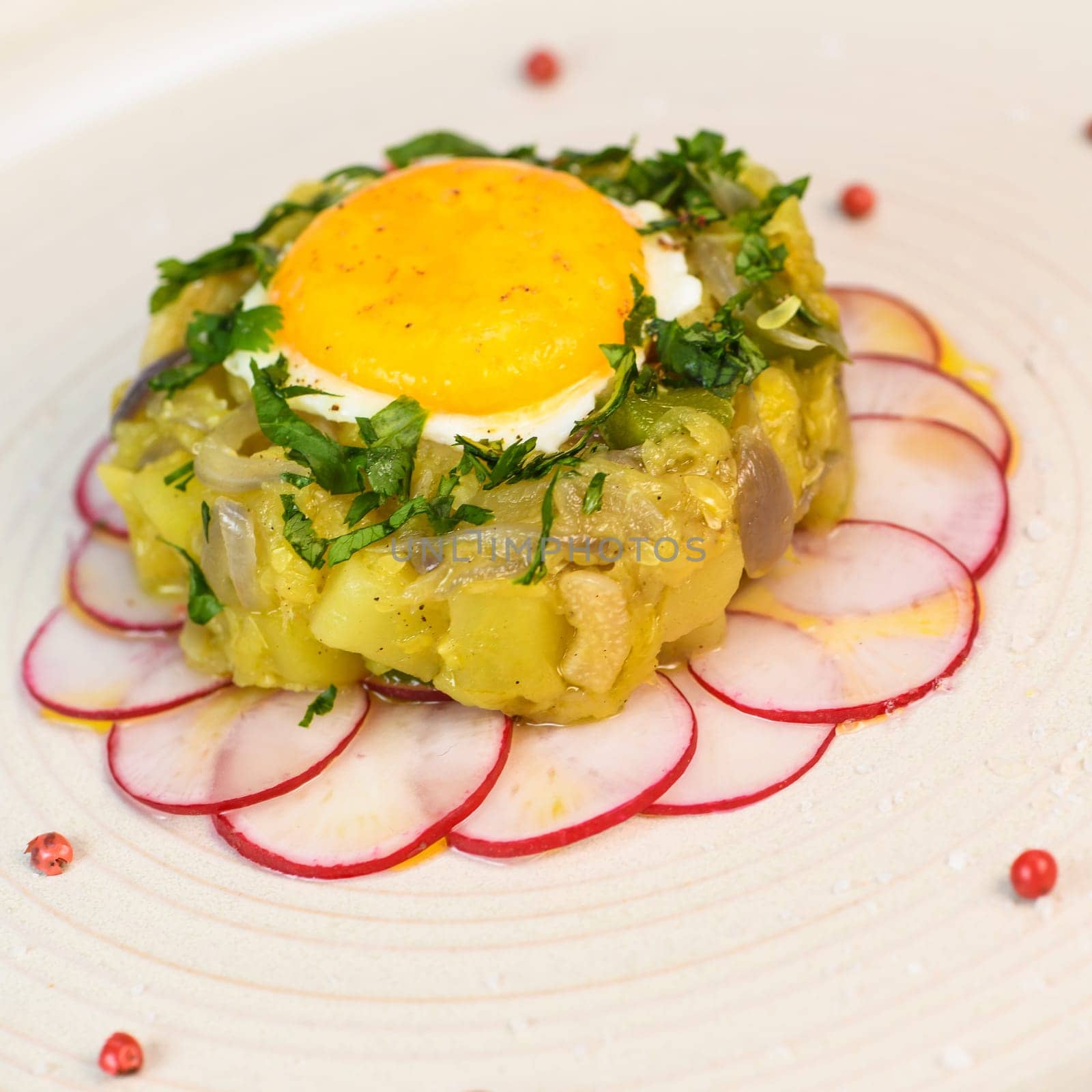 Recipe of courgette meat, onion, potato, garlic, pepper, coriander and egg yolk fried on a bed of round radish, High quality photo