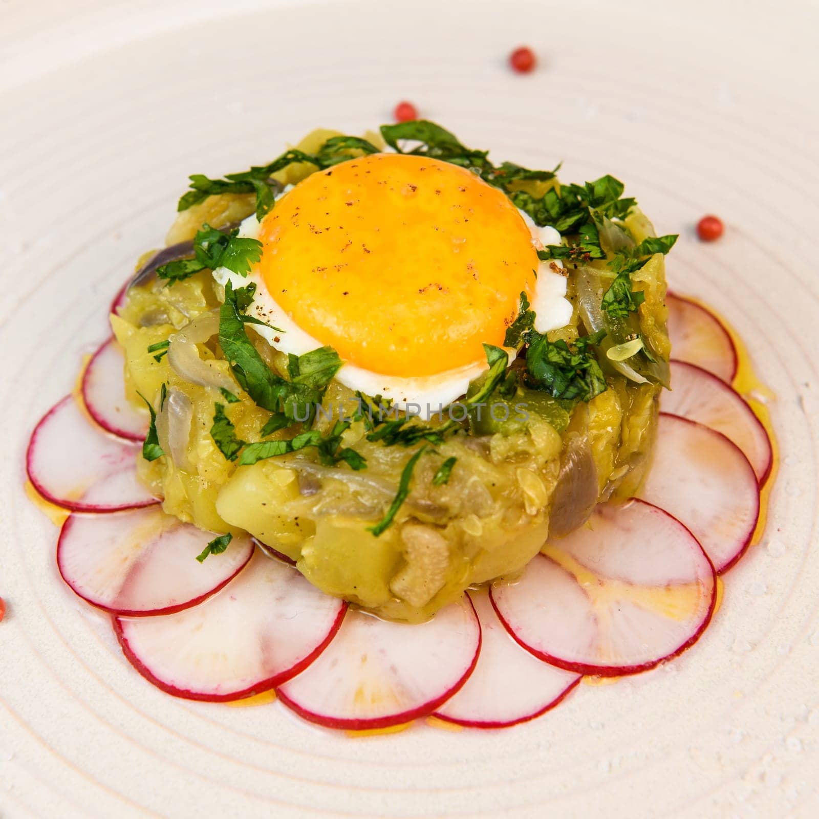 Recipe of courgette meat, onion, potato, garlic, pepper, coriander and egg yolk fried on a bed of round radish, High quality photo