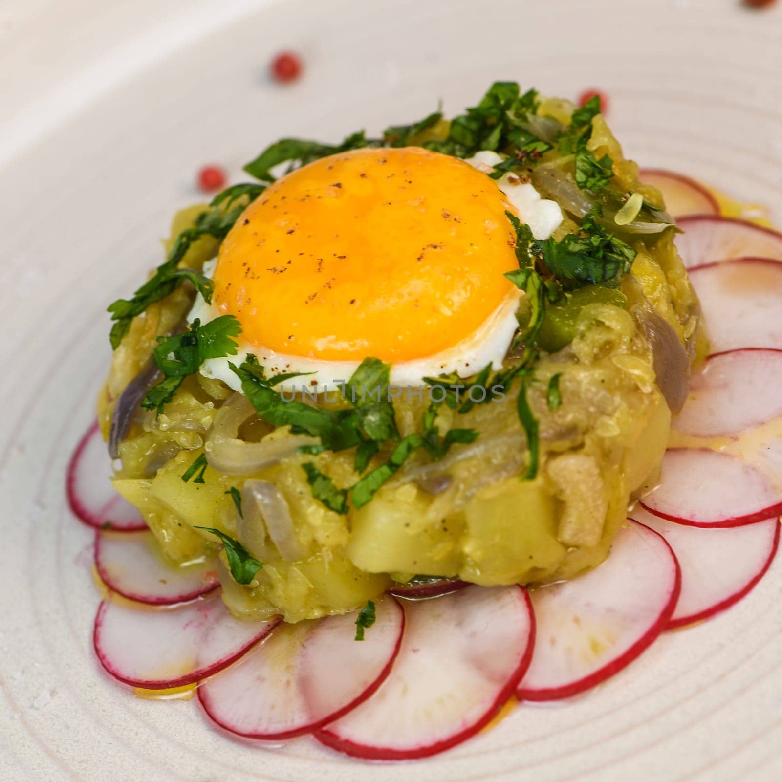Recipe of courgette meat, onion, potato, garlic, pepper, coriander and egg yolk fried on a bed of round radish, High quality photo
