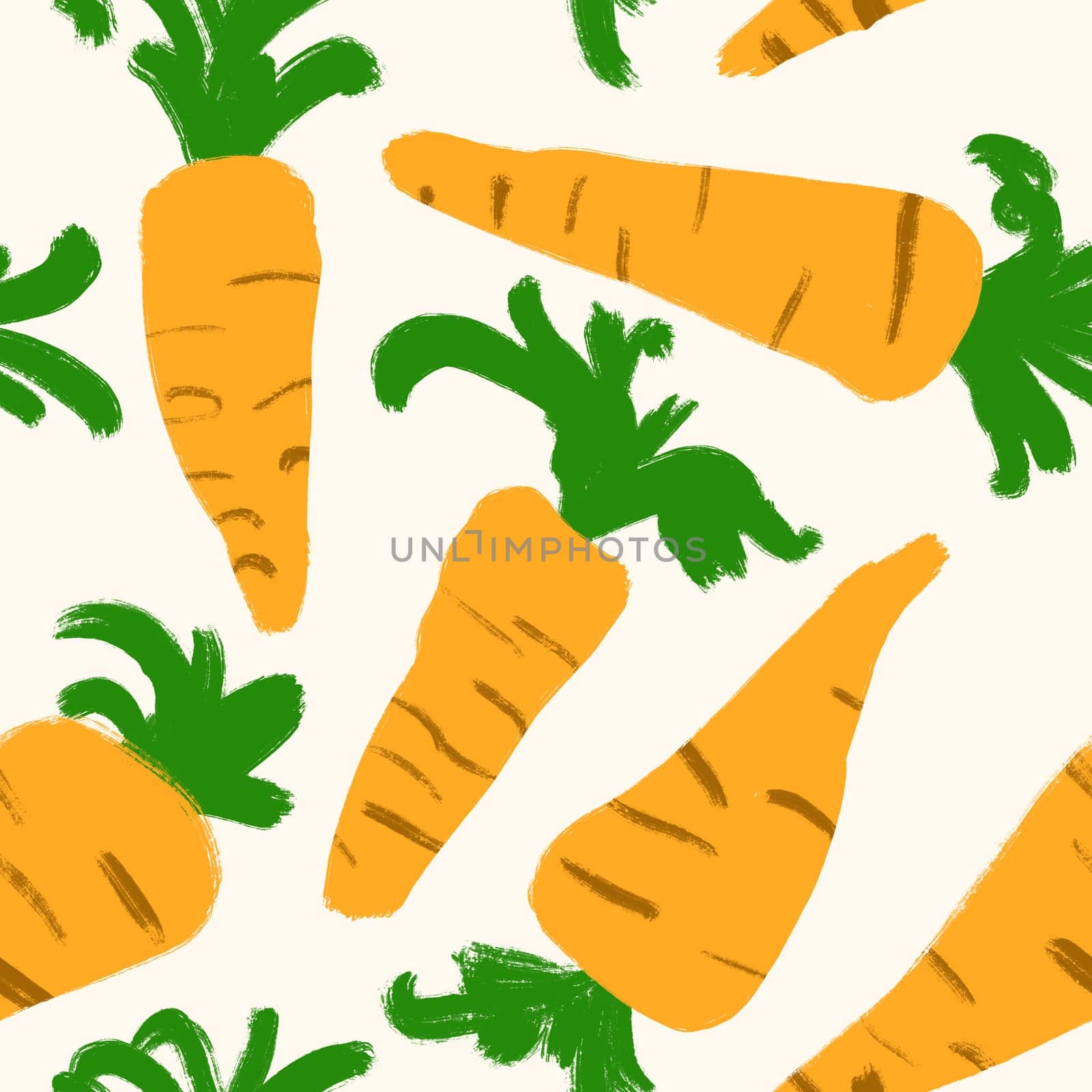 Seamless hand drawn pattern with orange ripe carrots, organic healthy natural food, vitamins vegetarian vegan. Cooking design illustration, textile wrapping paper wallpaper. Bright harvest.. by Lagmar