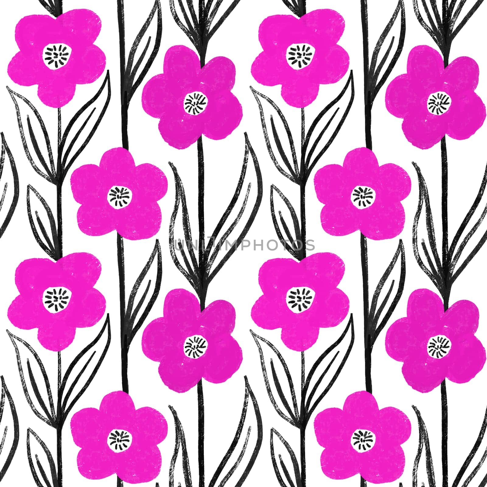 Hand drawn seamless pattern with hot pink fuchsia flowers with black leaves on white background. Floral daisy in vertical lines in mid century modern style, botanical decoration design for wallpaper textile blossom bloom print. by Lagmar
