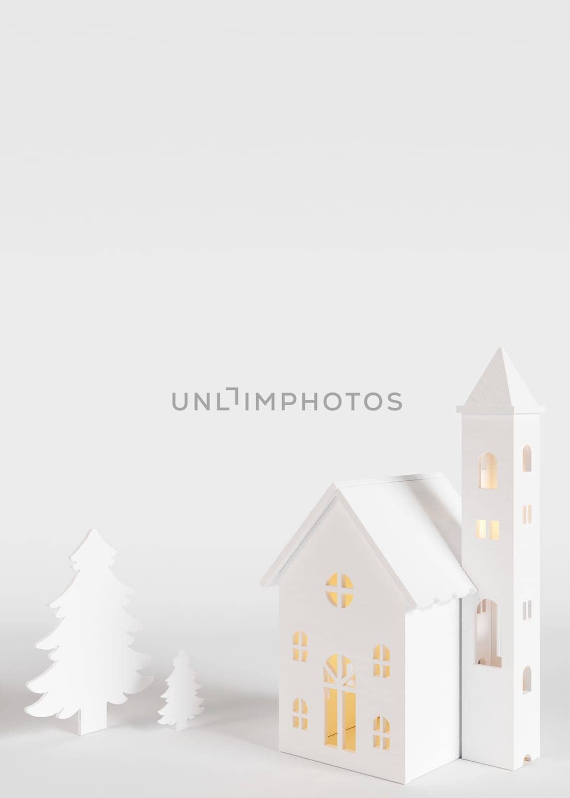 Beautiful white Christmas background. Xmas backdrop, mockup. Modern design. Empty space for text, advertising. Copy space. Vertical template for greeting, invitation card. House, fir trees. 3d render