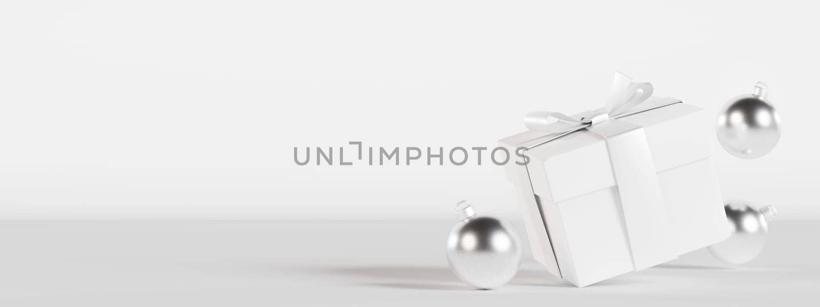 Gift box and silver Christmas decoration on white background with empty space for text. Present. Xmas banner with copy space. Minimalist design. Template for greeting, invitation card. 3D render