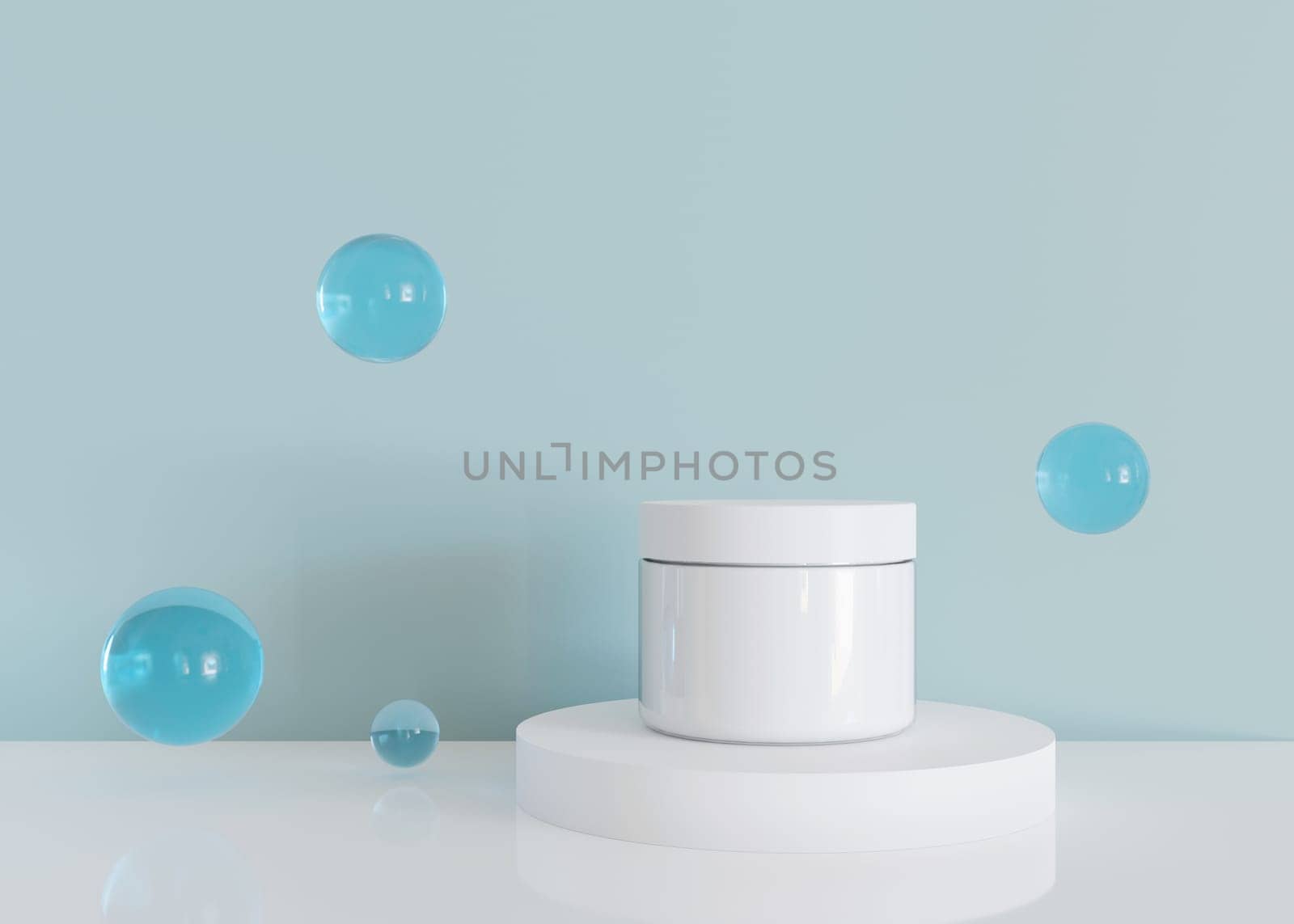 White, blank, unbranded cosmetic cream jar with flying spheres on blue background. Skin care product presentation. Elegant mockup. Skincare, beauty and spa. Jar with copy space. 3D rendering