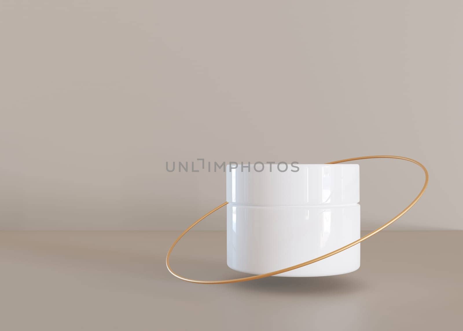 White and blank, unbranded cosmetic cream jar with flying golden ring on beige background. Skin care product presentation. Modern mock up. Skincare, beauty and spa. Jar with copy space. 3D rendering