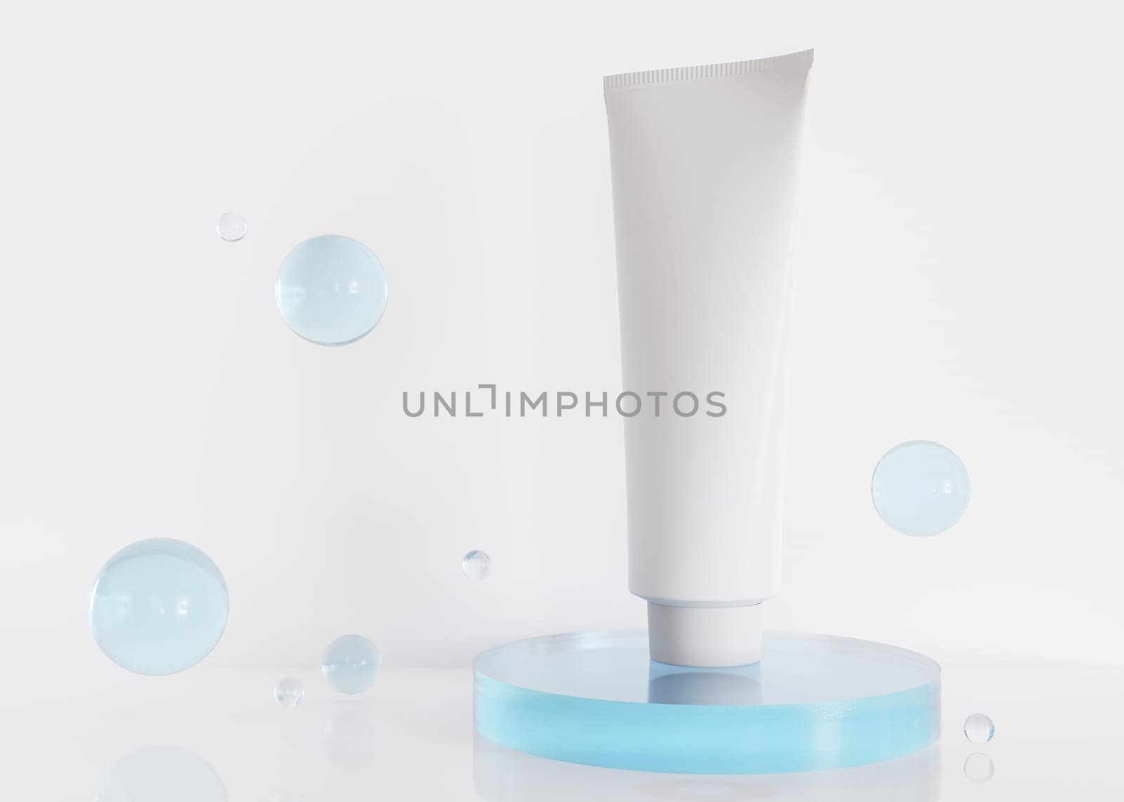 White and blank, unbranded cosmetic cream tube with blue spheres. Skin care product presentation on white background. Modern mock up. Tube with copy space. 3D rendering