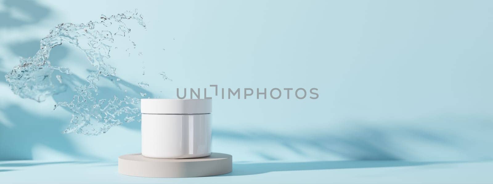 White and blank, unbranded cosmetic cream jar standing on podium, with water splash. Skin care product presentation on blue background. Natural mock up. Banner with copy space. 3D rendering