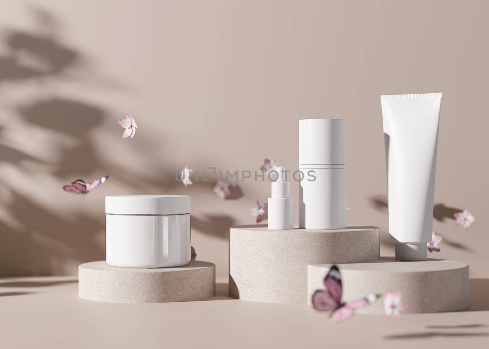 Group of white and blank, unbranded cosmetic cream jars and tubes on brown background with flying flowers. Skin care product presentation. Elegant mockup. Beauty and spa. Spring, blossom. 3D render