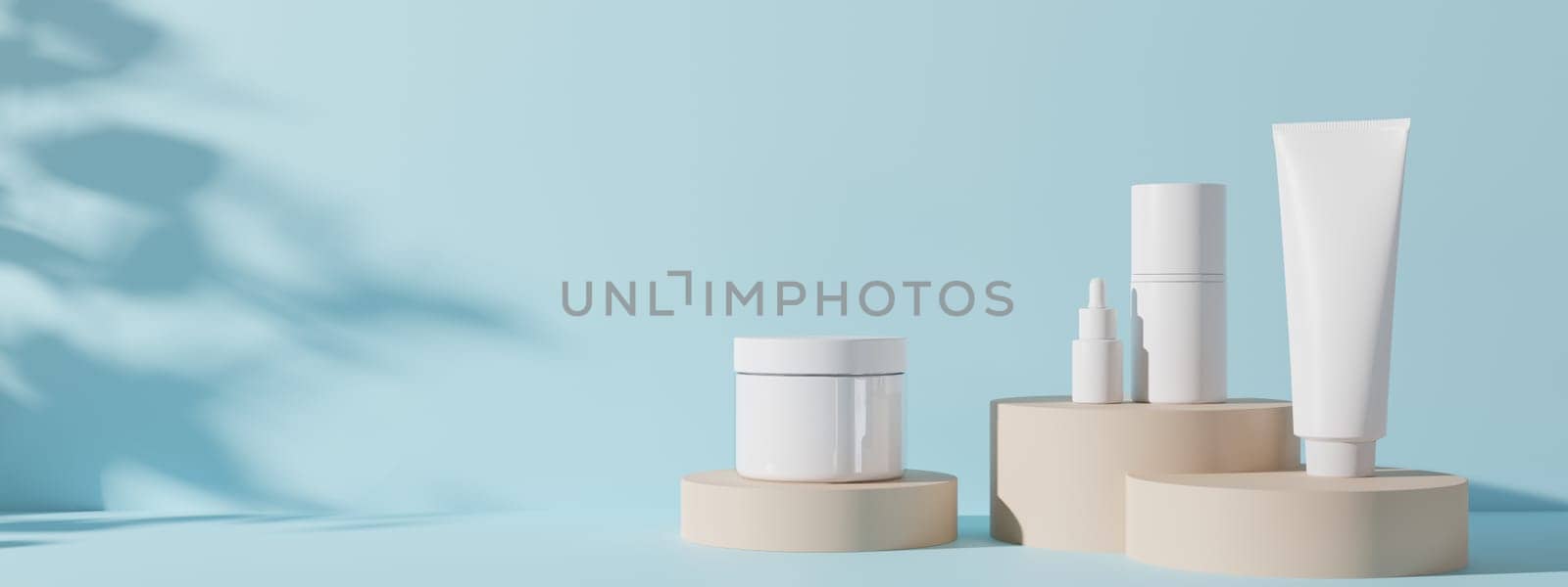 Group of white and blank, unbranded cosmetic cream jars and tubes on blue background. Skin care product presentation. Elegant mockup. Skincare, beauty and spa. Banner with copy space. 3D rendering