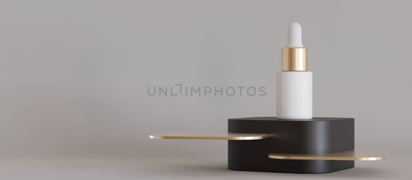 Blank, unbranded cosmetic serum bottle standing on black podium with golden details. Skin care product presentation. Mock up. Dropper bottle, hyaluronic acid, oil, serum with copy space. 3D rendering