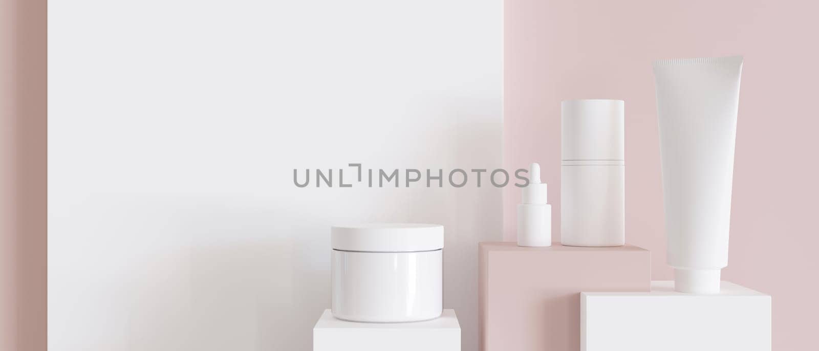 Group of white and blank, unbranded cosmetic cream jars and tubes on pink background. Skin care product presentation. Elegant mockup. Skincare, beauty and spa. Jar, tube with copy space. 3D render