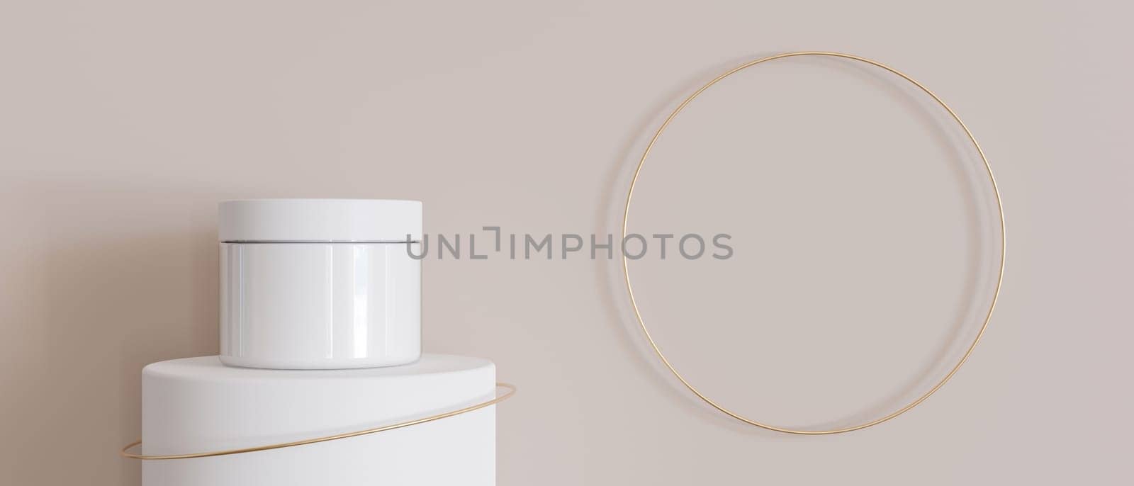 White and blank, unbranded cosmetic cream jar with flying golden ring on beige background. Skin care product presentation. Modern mock up. Skincare, beauty and spa. Jar with copy space. 3D rendering