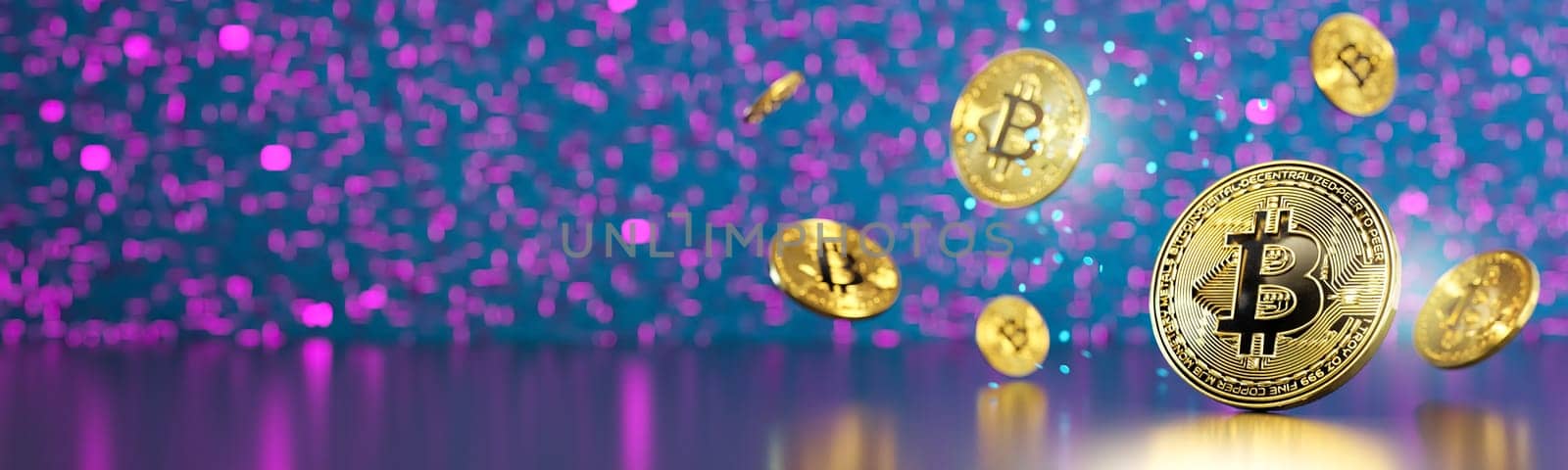 Cryptocurrency golden bitcoin coins with neon lights. Symbol of crypto currency - electronic virtual money for web banking and international network payment. Banner with copy space. 3D rendering