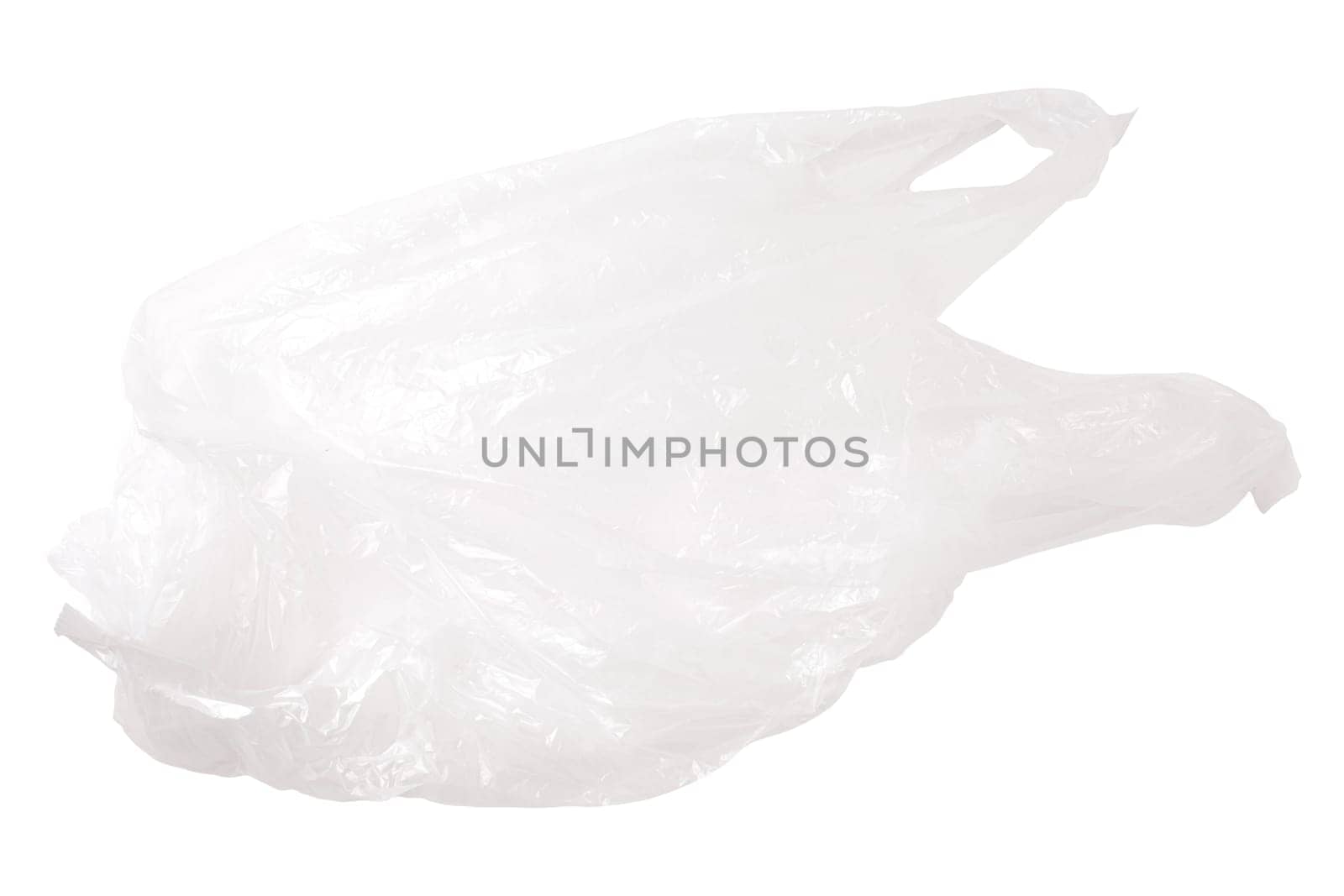 Empty transparent plastic bag isolated on white background. Concept of Recycling plastic and ecology