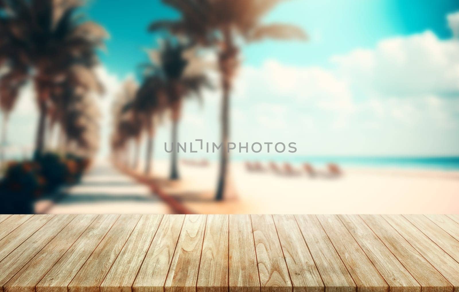 Empty wooden deck table over beach bokeh background. by ImagesRouges