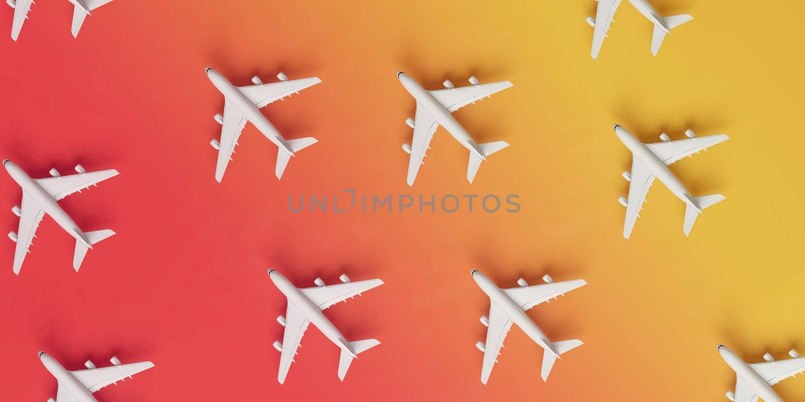 Pattern of airplanes on blue background. 3D rendering.