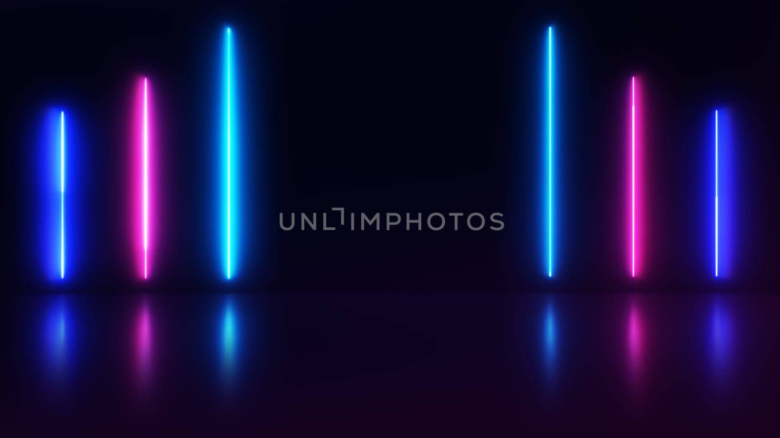 Abstract neon background with colorful beams of light with bright laser animation and reflective floor. by ImagesRouges