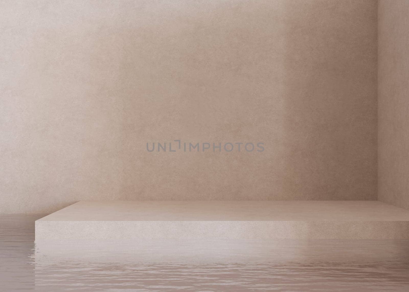 Empty scene with water. Beige background. Template for product, cosmetic presentation. Natural mock up. Backdrop with empty, copy space. Display, showcase. 3D rendering