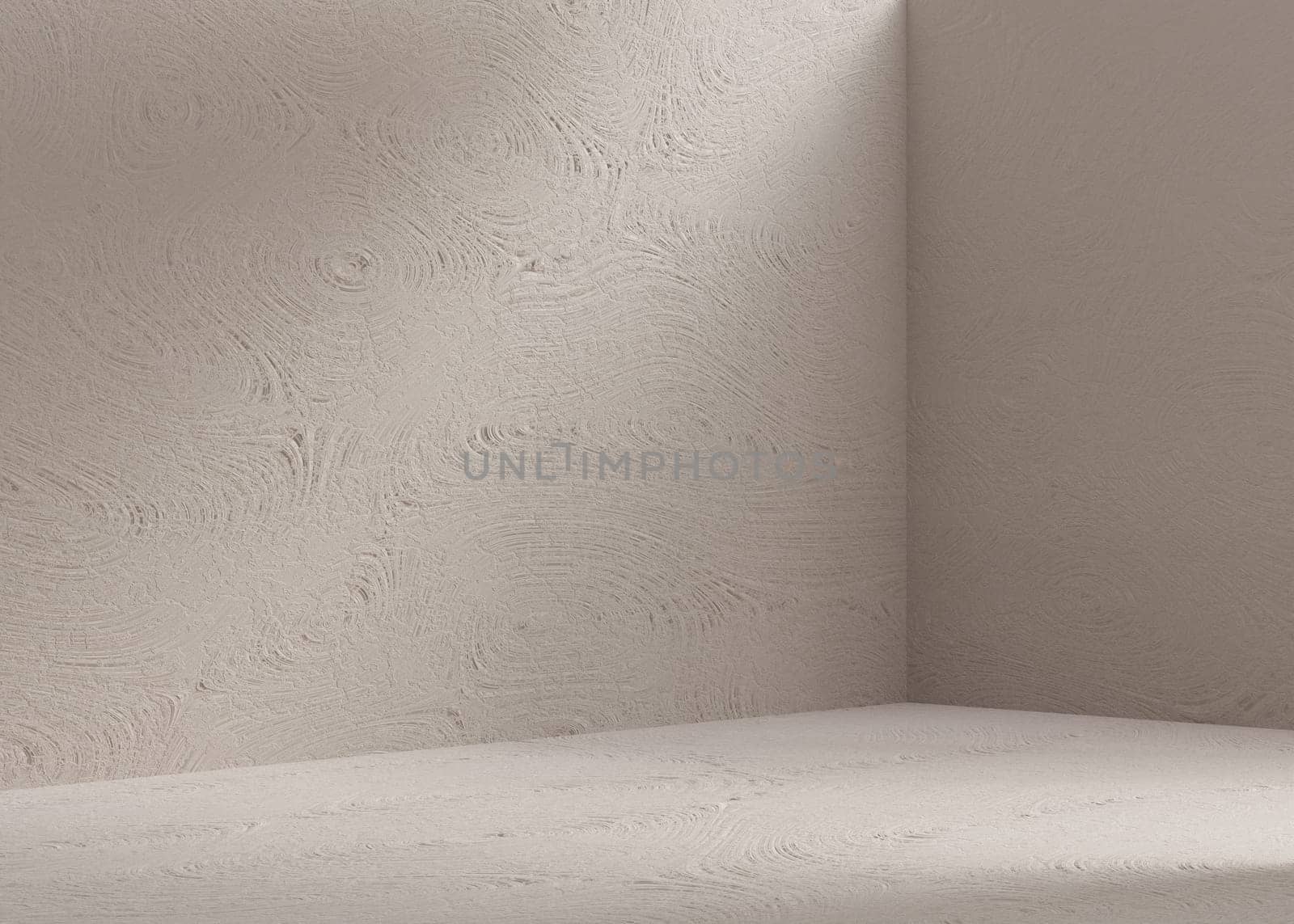 Empty scene with beautiful light and rough texture. Beige background. Template for product, cosmetic presentation. Natural mock up. Backdrop with empty, copy space. Display, showcase. 3D rendering. by creativebird