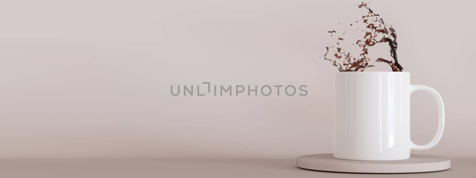 White mug mock up. Blank template for your design, advertising, logo. Close-up view. Banner with copy space. Cup presentation on beige background. Minimalist coffee cup mockup. 3D rendering