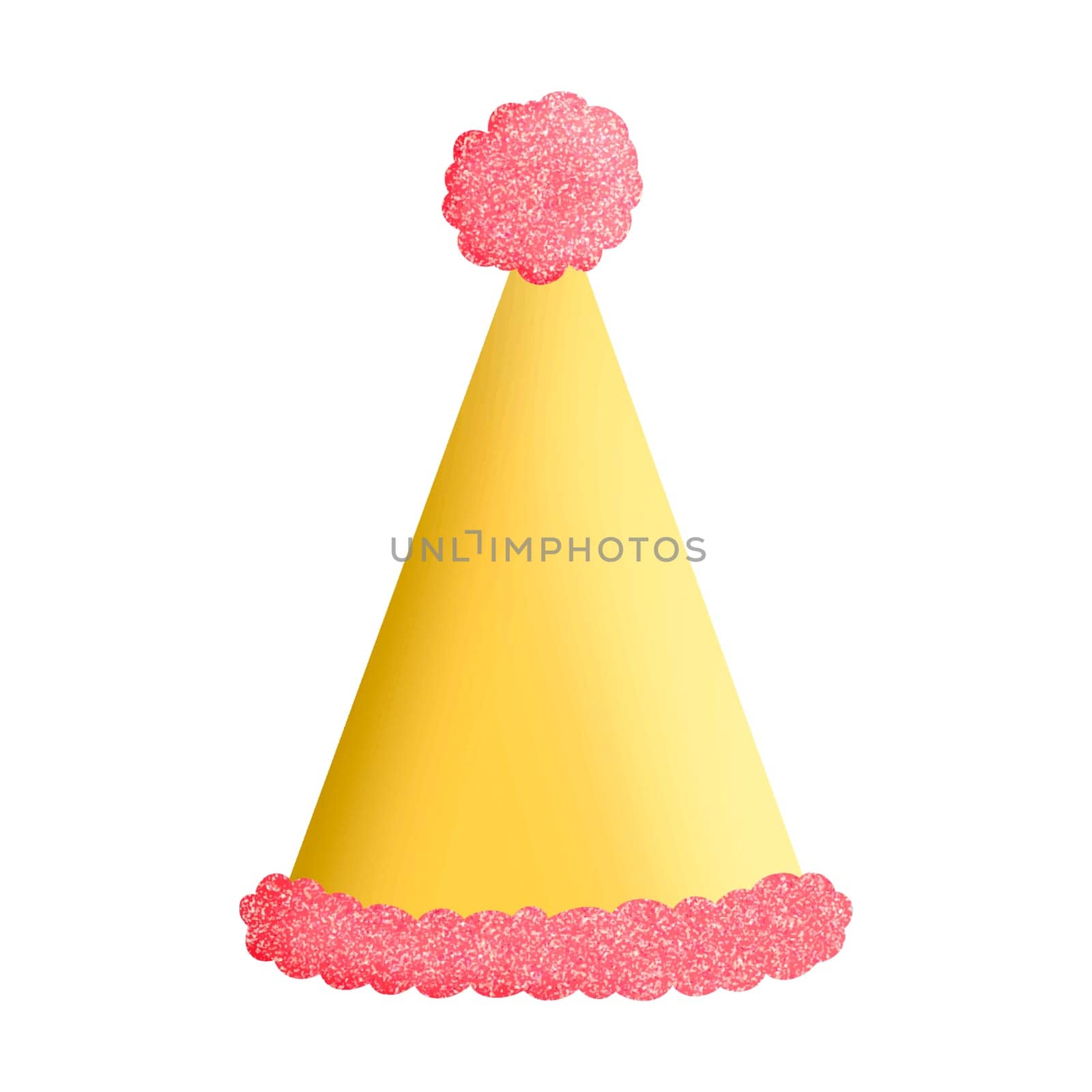 Gold Glitter Party Hat with Pink Pompom Isolated Clipart Illustration for celebration design, planner sticker, pattern, background, invitations, greeting cards, sublimation.