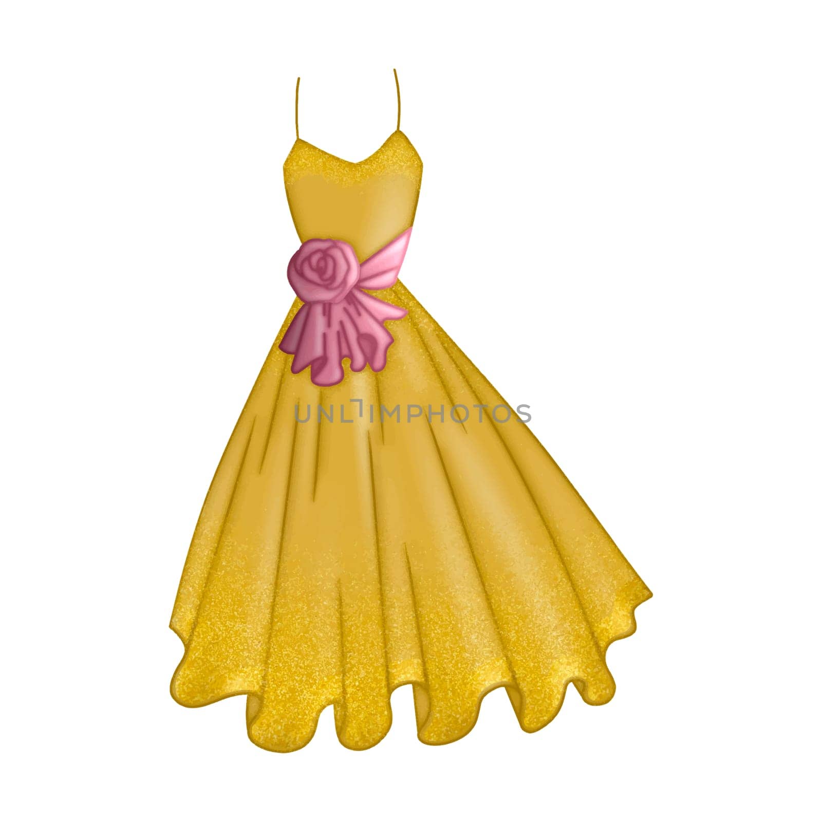 Gold Glitter Party Dress with Pink Ribbon Party illustration isolated Clipart for celebration design, planner sticker, pattern, background, invitations, greeting cards, sublimation.
