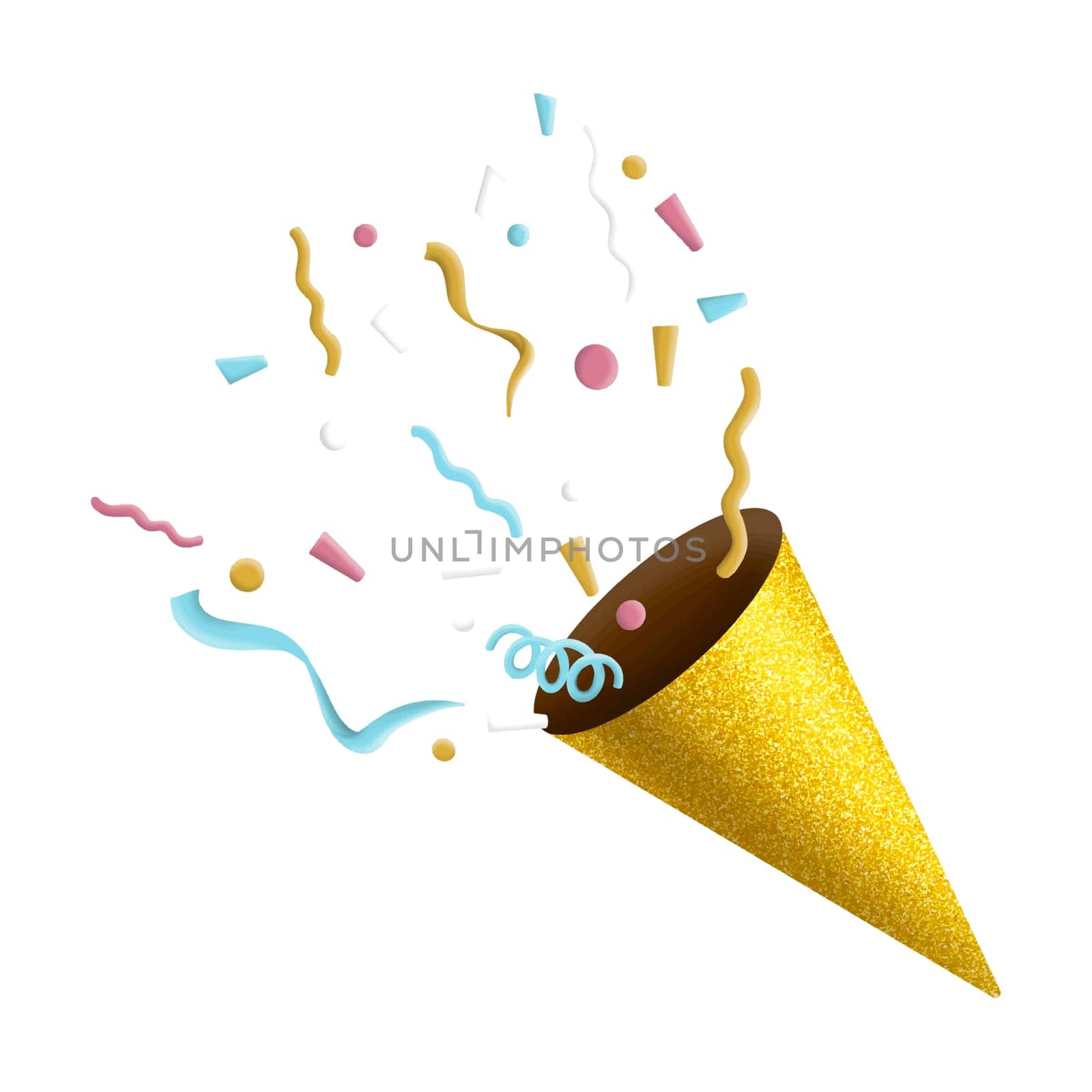 Gold party popper with exploding confetti for celebration isolated clipart by Skyecreativestudio
