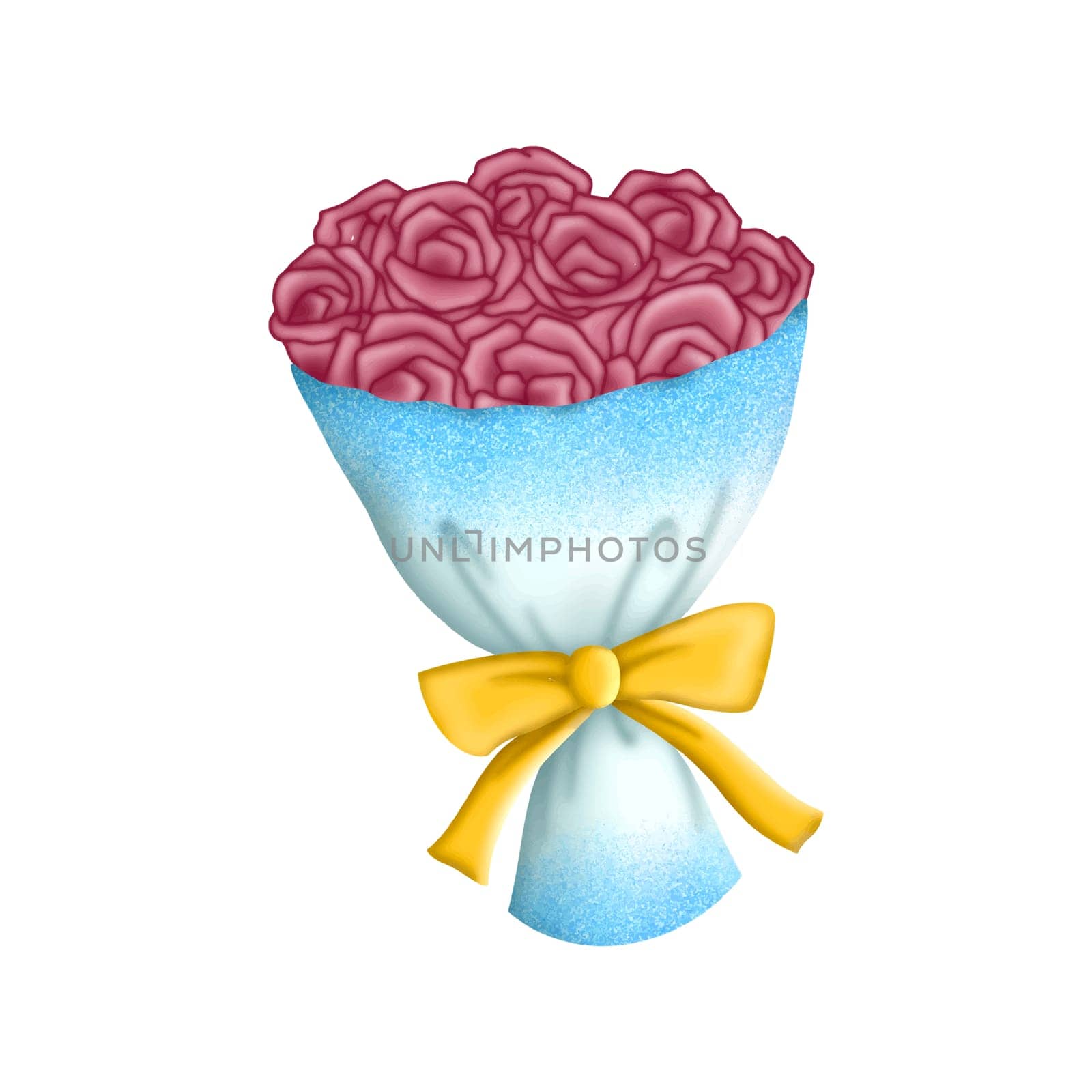 Red Roses Bouquet wrapped with white blue sparkling paper isolated on white background. Party Clipart for celebration design, planner sticker, pattern, background, invitations, greeting cards, sublimation.