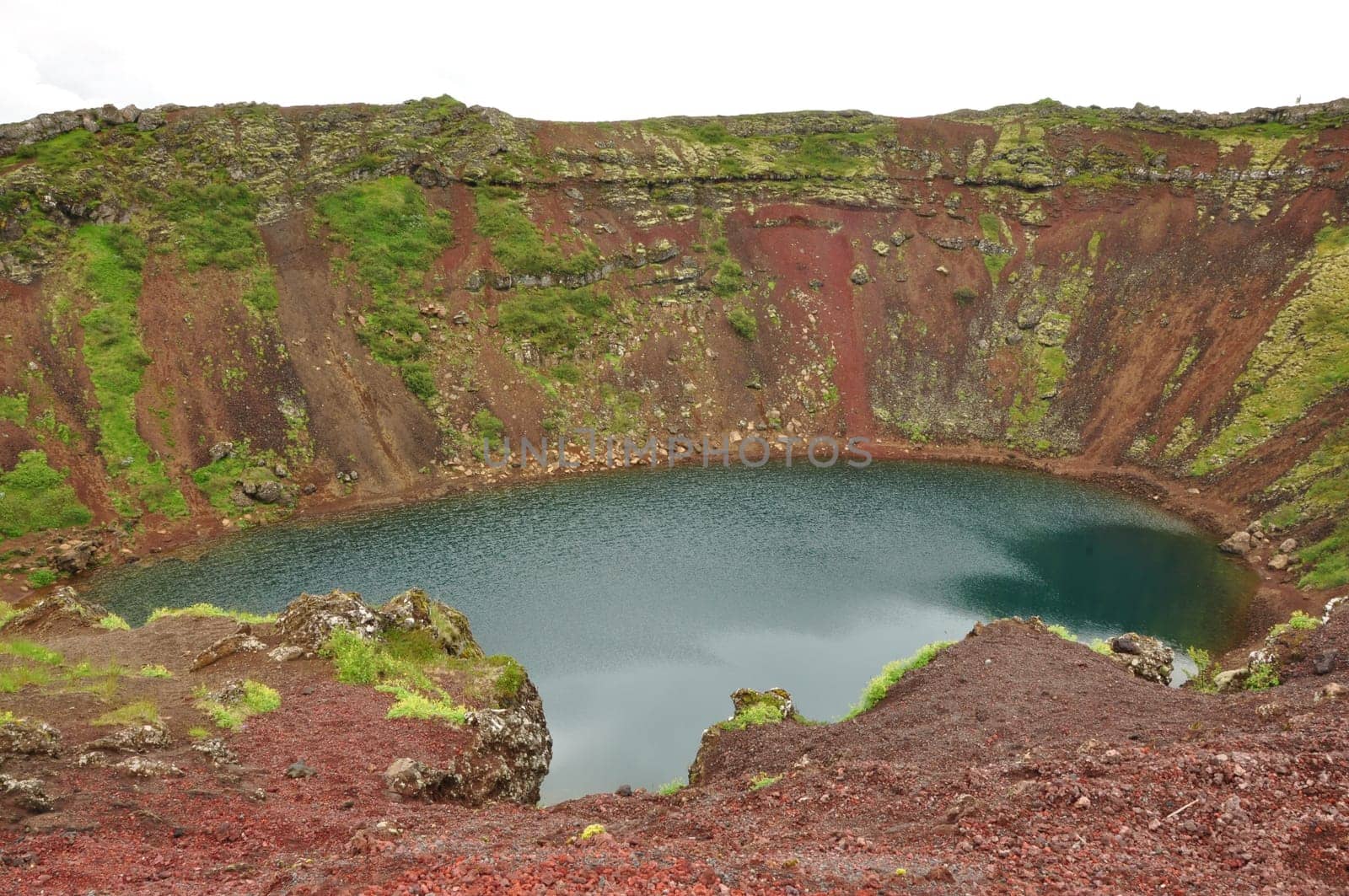 Aerial view of Kerid Crater lake in Iceland