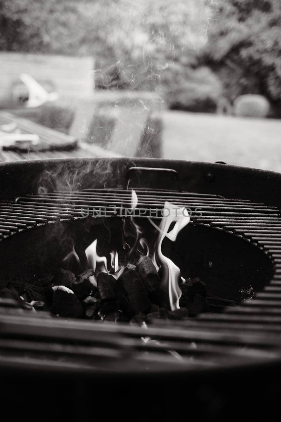 Vertical grayscale shot of flames blazing from a kettle grill in Burdinne, Belgium