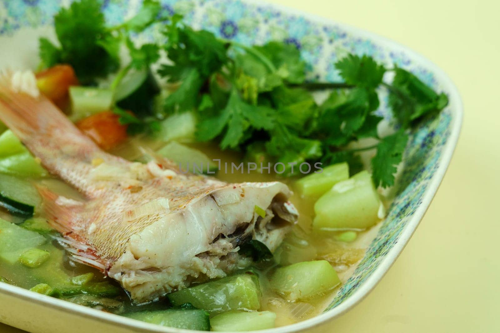 Red snapper soup with bitter melon, cucumber and chayote and varied herbs served in plate. Shot in studio.