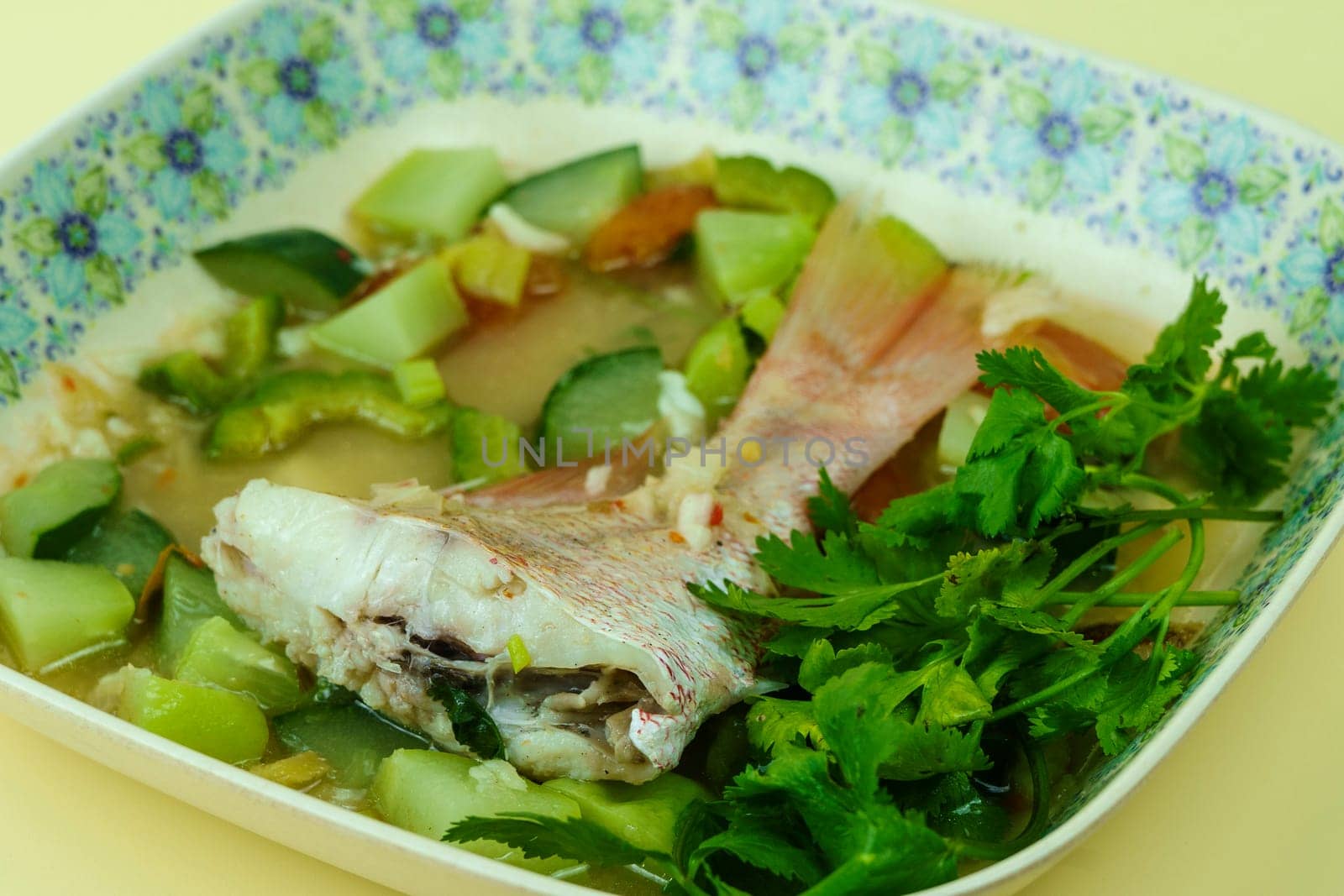 Red snapper soup with bitter melon, cucumber and chayote and varied herbs served in plate. Shot in studio.