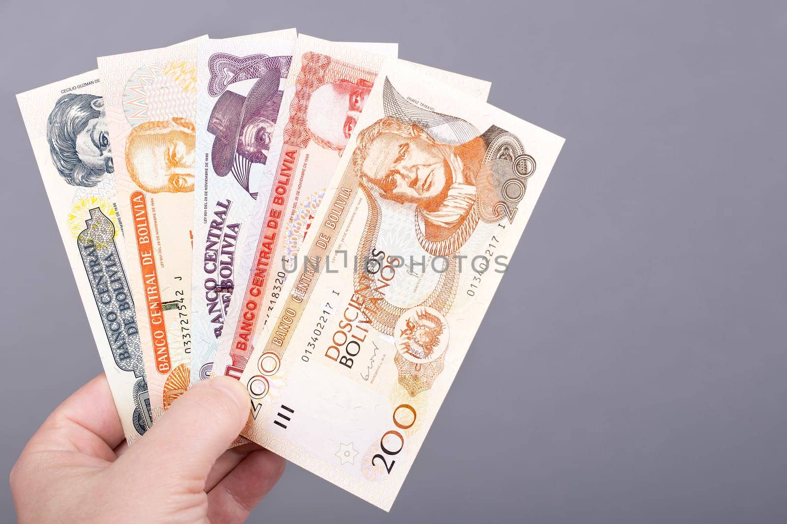 Bolivian money - Bolivianos in the hand on a gray background