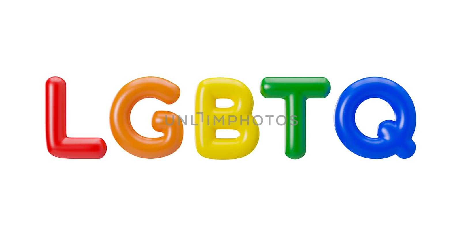 Rainbow LGBTQ letters isolated on white background. LGBT community, include lesbians, gays, bisexuals and transgender people. Alternative love. Diversity, homosexuality, equal marriage. 3D rendering