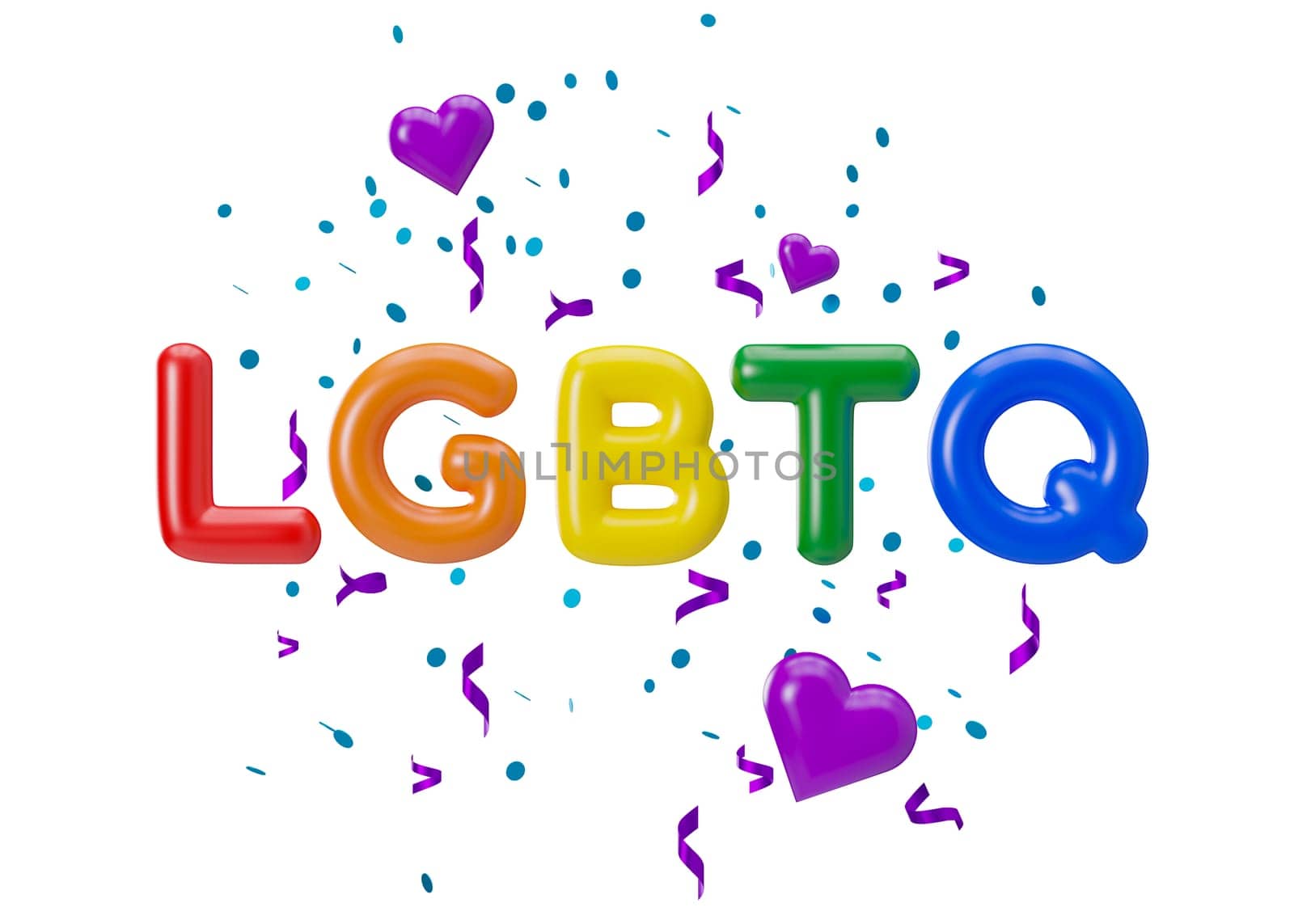 Rainbow LGBTQ letters isolated on white background. LGBT community, include lesbians, gays, bisexuals and transgender people. Alternative love. Diversity, homosexuality, equal marriage. 3D rendering