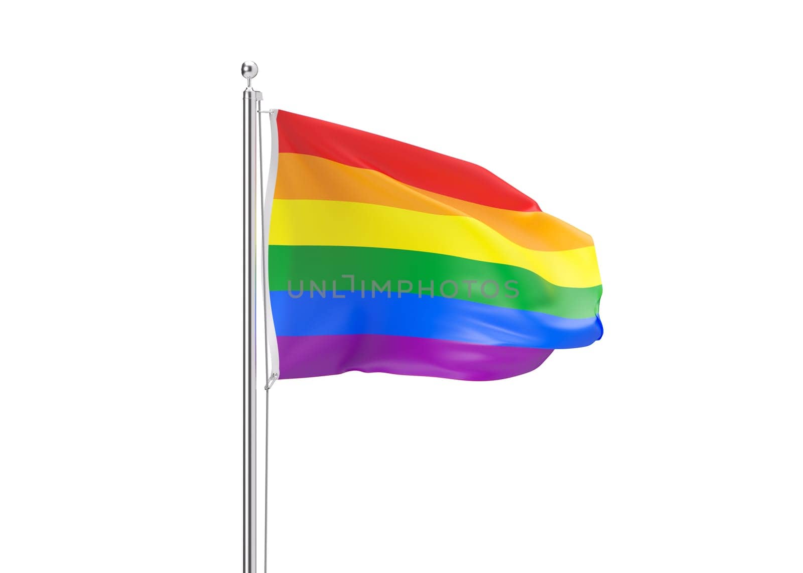 Rainbow flag isolated on white background. Symbol of LGBT community, include lesbians, gays, bisexuals and transgender people. Alternative love. Diversity, homosexuality, equal marriage. 3D rendering