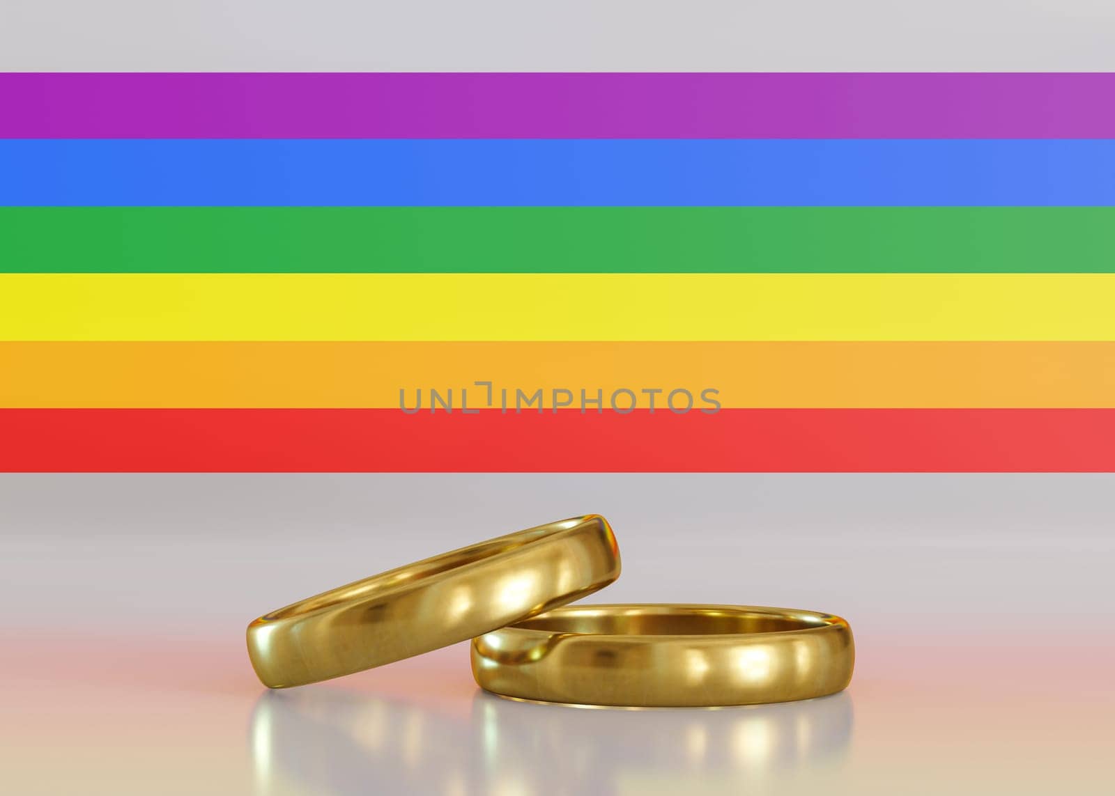 Two gold wedding rings and rainbow lgbt flag. Equal homosexual marriage. LGBT community, include lesbians, gays, bisexuals and transgender people. Diversity, homosexuality. Lgbt rights. 3D render